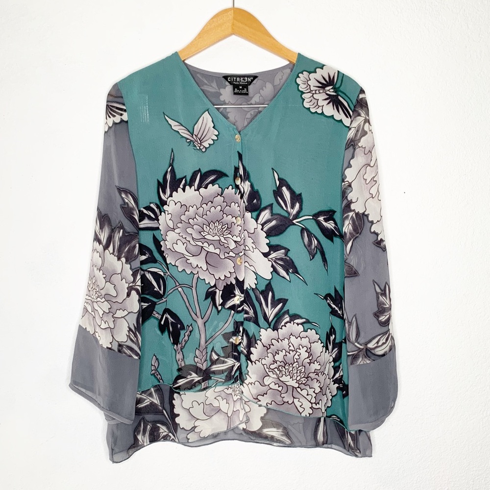 Citron Santa Monica Silk Blouse Button Up Floral Asian Wearable Art Size Medium